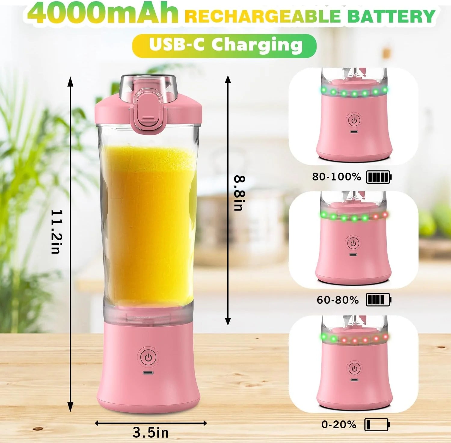 Portable Blender Personal Juicer for Shakes and Smoothies - 20 OZ Electric Protein Shaker Bottle with Insulated Sleeve, Travel Lid, USB-C Rechargeable - Mini Small Blende Cup for Kitchen, Office, Gym