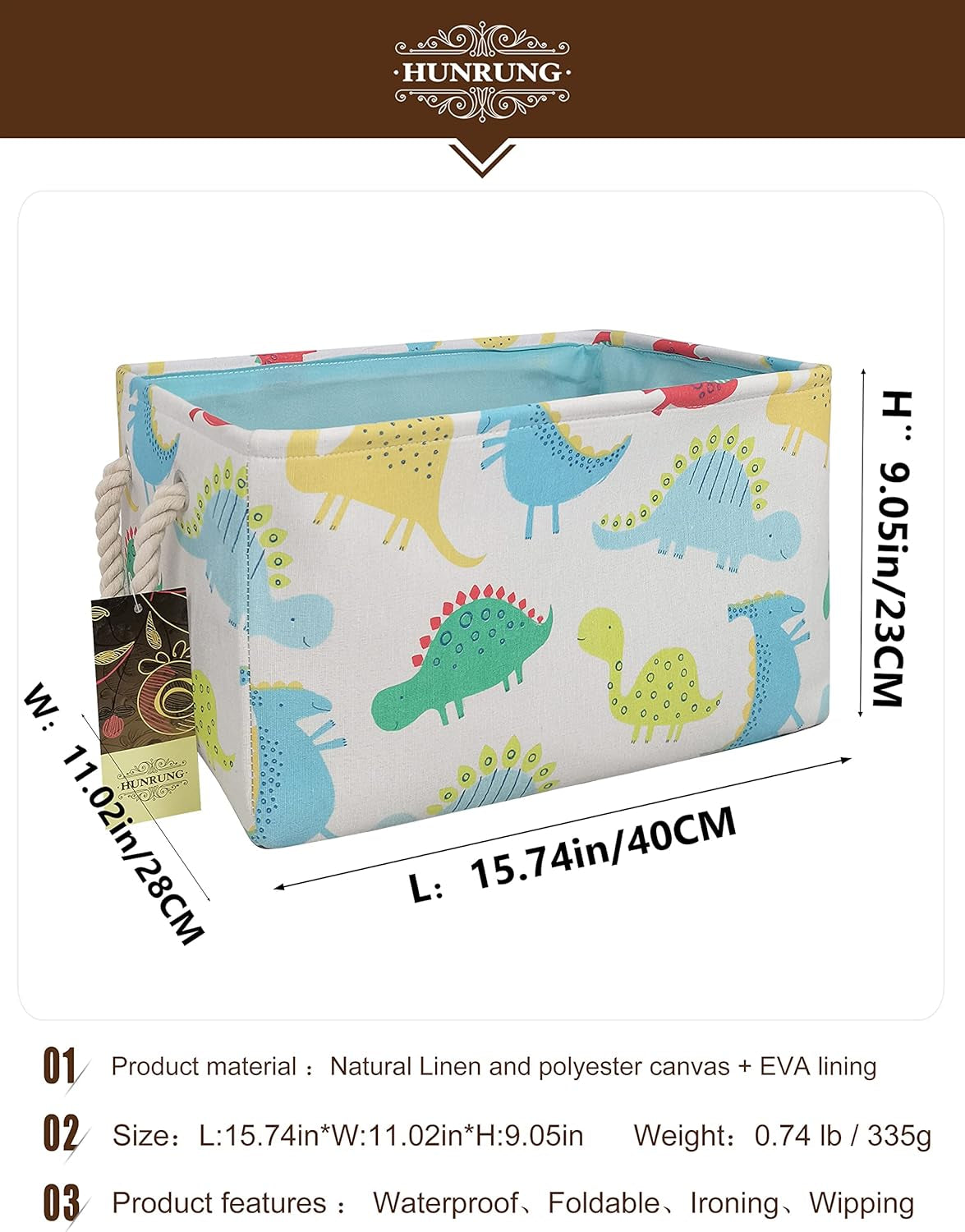 Rectangle Storage Basket Cute Canvas Organizer Bin for Pe, Dinosaur XL | Handles for Easy Toting.Collapsible Design for Compact, Convenient Storage.Spacious Capacity,15.74’’L ×11.02’’W×9.05’’H
