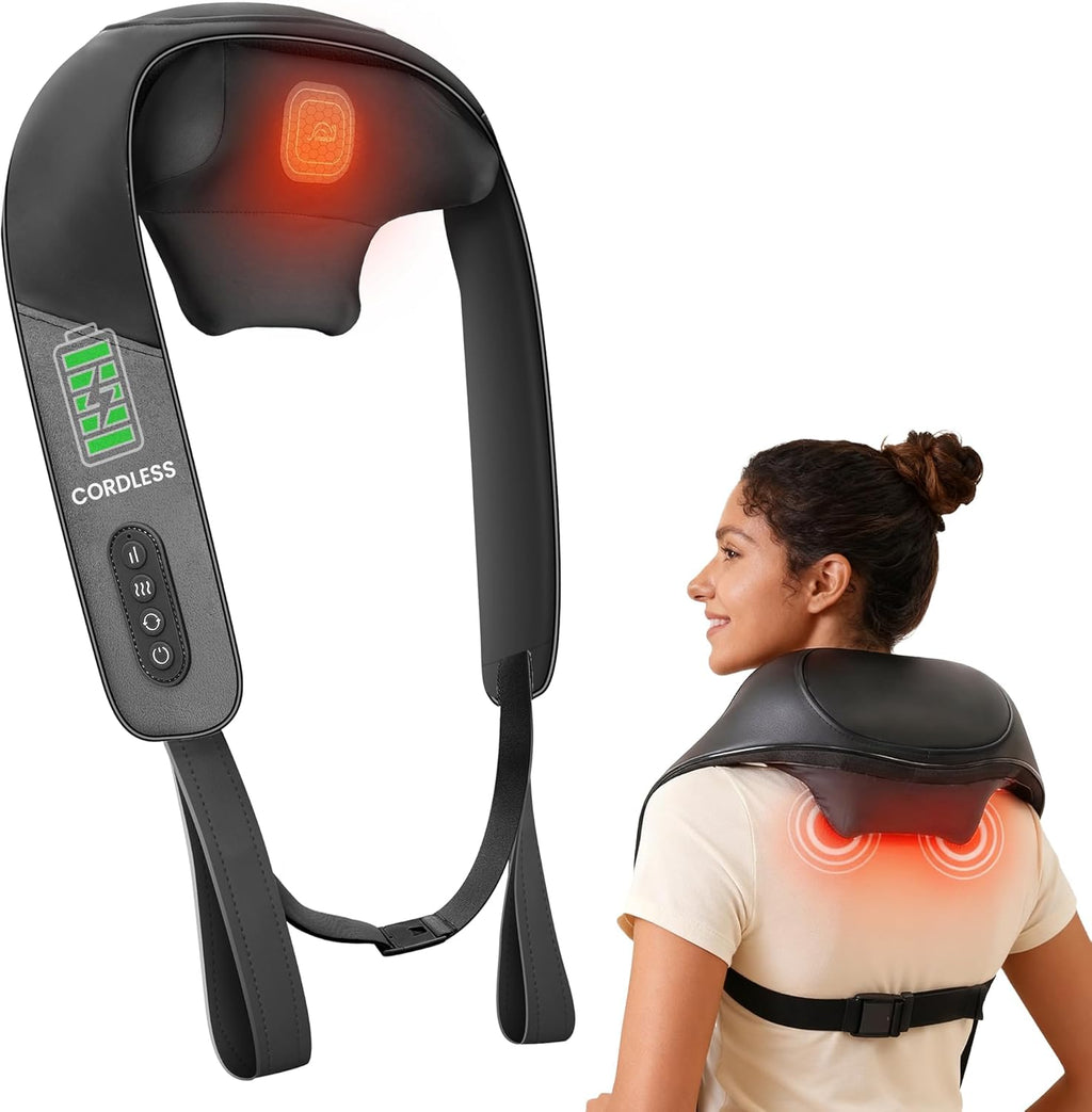 Cordless Neck Massager for Pain Relief Deep Tissue, Upgraded 4D Shiatsu Neck Shoulder Massager with Graphene Heating, Rechargeable Back Massager with Deeper Kneading Massage Heads for Home